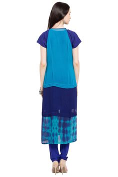 Bright blue midnight blue and tie dye combo halter style kurta with zip detailing in center and a separate short sleeved slip. Product Features:   Color: Blue Fabric: Faux Georgette Fit: Regular Sleeve Type: Long Neck Type: Round Pattern: Embellished Product Length: 46 inch Occasion: Festive Product Weight: 500 grams Wash Care Instructions: Dry Clean Only Disclaimer: There will be slight difference in Digital to actual Image Blue Straight Kurta Sets For Summer, Blue Fitted Straight Kurta Top, White Indowestern, Kurta Top, Tunics Online, Long Kurtis, Round Pattern, West New York, Long Neck