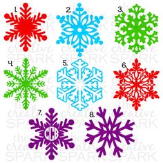 six snowflakes are shown in different colors and sizes, each with the letter d