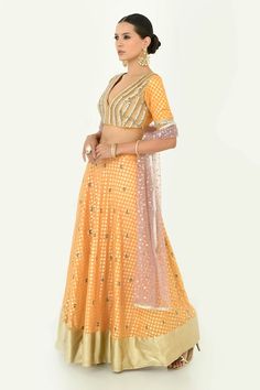 Ochre lehenga with floral pattern woven motifs. Comes with mirror embroidered blouse and butti embroidered dupatta. - Aza Fashions Woven Mirror, Embroidered Dupatta, Embroidered Blouse, Set For Women, Aza Fashion, Lehenga, Floral Pattern, Mirror, For Women