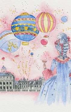 a drawing of a woman looking at hot air balloons in the sky over a palace