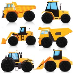 a set of yellow construction vehicles with black tires