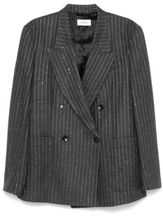 graphite grey wool blend flannel pinstripe pattern double-breasted button fastening sequin embellishment peak lapels shoulder pads with long sleeves buttoned cuffs chest welt pocket dart detailing two side patch pockets multiple internal slip pockets full lining straight hem Elegant Double-breasted Pinstripe Blazer, Elegant Pinstripe Double-breasted Blazer, Pinstripe Blazer With Double Button Closure For Fall, Elegant Pinstripe Outerwear With Double-breasted Button, Elegant Pinstripe Winter Blazer, Elegant Pinstripe Winter Outerwear, Yoko London, Double Breasted Blazer, Exclusive Fashion