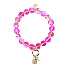 Lock & Key Charm Beaded Chain Bracelet For Women | BuDhaGirl Glamour Ritual, Gold Cart, Pink Beaded Bracelets, Joyful Heart, Blue Sodalite, Pink Beads, Clear Crystal, Chain Bracelet, Beaded Bracelet