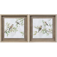 two framed art pieces with birds on branches and leaves in the middle, one is painted white