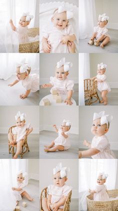 a collage of photos with baby in white outfits sitting on a wicker chair