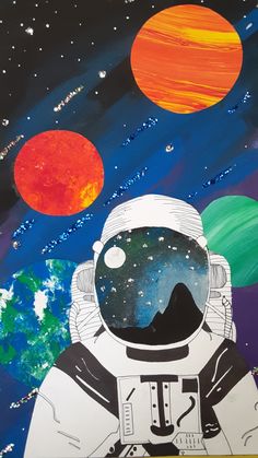 an astronaut with planets in the background