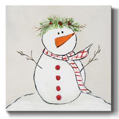 a painting of a snowman wearing a wreath and scarf