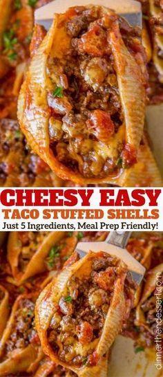 cheesy easy taco stuffed shells with text overlay