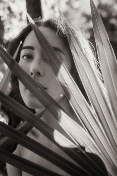 a black and white photo of a woman hiding behind palm leaves