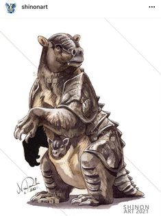 an ink drawing of a bear in armor holding a baby cub by artist shinon art