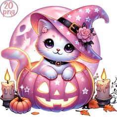 a cat sitting on top of a pumpkin wearing a witches hat and holding a lit candle