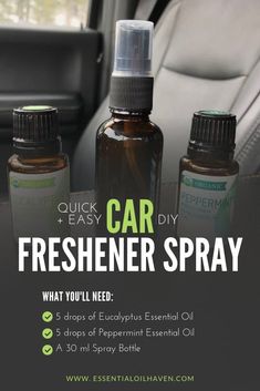 Car Freshener Spray DIY Recipe using Essential Oils. Try this refreshing natural odor spray for your vehicle. It\'s a quick and easy DIY project for anyone to make. #essentialoilhaven #essentialoils #carfreshenerDIY #carspray Essential Oil Brands, Essential Oil Spray, Diy Sprays, Using Essential Oils, Diy Recipe, Essential Oil Diffuser Blends, Young Living Oils