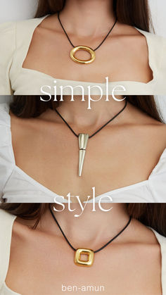 three simple necklaces in gold and silver Simple Necklace Designs, 2024 Jewelry, Cord Necklaces, Natural Rock, Elegant Necklaces, Simple Elegant, Cord Necklace, Simple Necklace, Fall 2024