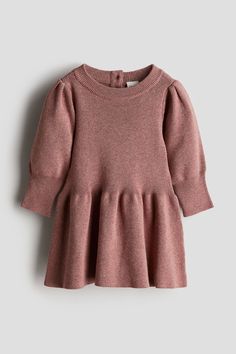 H&M Adorables. Fine-knit dress in soft  high-quality cotton with a flared skirt. Round  ribbed neckline  opening at back with corozo buttons  and pleats on shoulders. Long balloon sleeves with wide  ribbed cuffs. The H&M Adorables collection is a curated selection of high-comfort  quality pieces with a timeless appeal. Dark Dusty Pink, Knitted Dress Outfit, H M Outfits, Long Balloons, Pink Kids, Ribbed Neckline, Flared Skirt, Balloon Sleeves, Knit Cotton