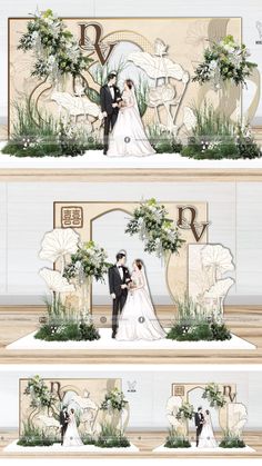 the wedding cake topper is decorated with flowers and greenery, while the bride and groom are dressed in black