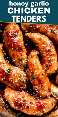 honey garlic chicken tenders in a pan with sesame seeds