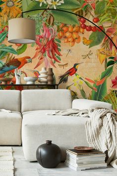 Image of a Tropical Summer Garden Wallpaper Jungle Landscape, Colorful Lizards, Parrot Wallpaper, Paradise Wallpaper, Jungle Birds, Floral Pattern Wallpaper, Vintage Parrot, Jungle Illustration, Colorful Parrots