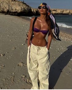 The Ocean, A Woman, The Beach, Purple, Pants, White, Trousers