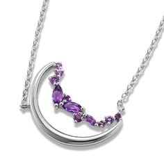 Round and marquise natural amethyst gemstones seem to dance along this beautiful pendant  highlighting its half-moon shape. Crafted in quality sterling silver  a matching cable chain keeps this necklace secure. Purple Metal Pendant Necklaces, Silver Amethyst Necklace With Moon Charm, Purple Crescent Moon Charm Jewelry, Silver Moon-shaped Magical Necklace, Purple Pendant Necklace With Moon Charm, Moon Shape, Step Kids, Moon Shapes, Amethyst Gemstone