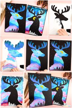 the process to make an art project with watercolors on paper, including deer's head and stars