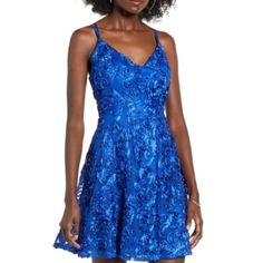 Brand New With Tags Approximate Measurements: 17” Across The Chest Laid Flat Armpit To Armpit 26” Long From The Armpit Size 9 True To Size. Juniors To Women's: 3=0, 5=2, 7=4, 9=6 Swirling Soutache Lace Gives Texture And Charm To This Party-Ready Frock, Styled With A Strappy Back And Stem-Showing Hem. 27" Center Front Length Back Zip Closure Adjustable Straps Bust Is Padded Lined 100% Polyester Blue Lace Mini Dress For Homecoming, Blue Lace Mini Dress For Prom, Blue Lace Dress For Homecoming, Blue Lace Mini Dress For Party, Lace Skater Dress, Skater Dress, Adjustable Straps, Mini Dress, Womens Dresses