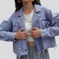 Introducing our fashion-forward light-wash denim jacket for ladies from the 2024 Spring Collection – the ultimate expression of vintage charm!Why It's a Must-Have for Your WardrobeCrafted to embody the perfect blend of modern fashion and timeless vintage vibes, this denim jacket is a statement piece that will elevate any outfit. With its oversized fit and damaged-hem details, it's not just a jacket; it's an attitude, a mood, a style!Distinctive Features: Fashion Forward: Inspired by the latest f