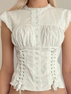 Blouse Corset, Corset Blouse, Frill Blouse, White Short Sleeve Shirt, Lace Short Sleeve Top, Lace Trim Top, Collars For Women, Crop Blouse