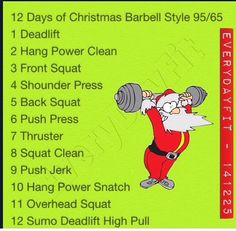 the back side of a christmas card with an image of santa lifting a barbell