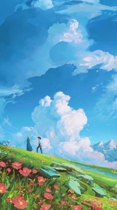 two people standing on top of a lush green field under a blue sky with clouds