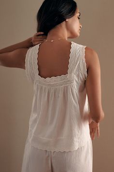 Cotton Button front Machine wash Imported | Eyelet Tank Top by THE GREAT. in White, Women's, Size: 3, Cotton at Anthropologie Feminine Aesthetic Outfits, Victorian Nightgown, Lace Trim Tank Top, Flowers Craft, Grunge Fairycore, Cotton Nightgown, Women Y2k, Shirt Vest, Feminine Aesthetic