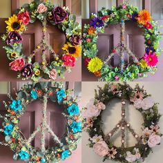 three wreaths with flowers and peace signs hanging on the wall next to each other