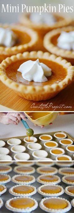 mini pumpkin pies with whipped cream on top and in the middle, ready to be baked