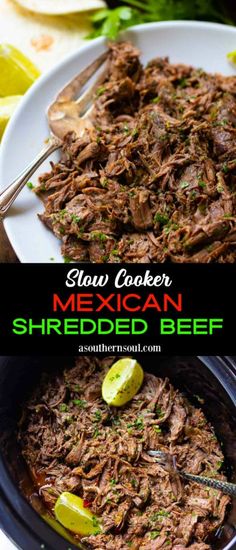 slow cooker mexican shredded beef recipe on a plate with limes and cilantro