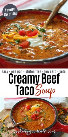 creamy taco soup in a red bowl with text overlay that reads instant pot creamy taco soup