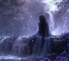 a woman sitting on top of a log in front of a waterfall filled with purple flowers