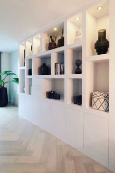 an empty living room with white shelving and potted plants