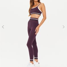 New With Tags, Gorgeous Seamless Set With Sporty Black And White Stripes, Double Layer Sports Bra, Size Xs High Stretch Seamless Purple Activewear, Purple Seamless High Stretch Activewear, Fitted Seamless Purple Leggings, Purple Compression Seamless Activewear, Seamless Purple Yoga Leggings, Compressive Seamless Purple Sports Bra, Purple Seamless Sports Bra For Gym, Purple Athleisure Activewear With Built-in Bra, Sporty Seamless Purple Bottoms