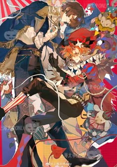 an anime character with red hair and blue eyes is surrounded by many other characters, including two