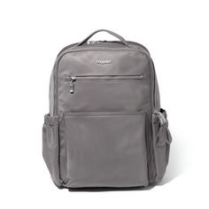 a gray backpack with zippers on the front and side pockets, sitting against a white background