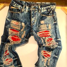 Copper Rivet Denim Jeans Ripped Holes Bleached Lining Red Never Worn !! Casual Distressed Red Bottoms, Trendy Red Distressed Bottoms, Casual Red Denim Bottoms, Casual Red Distressed Bottoms, Casual Red Denim Jeans, Red Ripped Jeans, Punk Ripped Fitted Jeans, Rugged Ripped Blue Jeans, Men’s Ripped Jeans