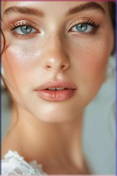 a woman with blue eyes and gold makeup looks at the camera while wearing a white dress