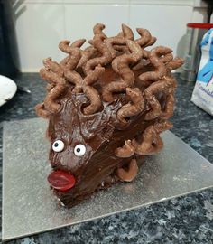 a chocolate hedgehog cake with pretzels on top