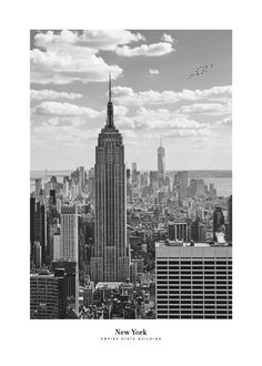 empire state building new york in black and white with the words empire state building new york