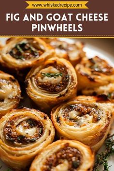 some food is on a white plate with the words pig and goat cheese pinwheels