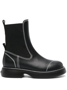 black faux leather contrast stitching round toe elasticated side panels pull-tab at the heel slip-on style rubber sole Black Leather Chelsea Boots With Textured Sole, Ganni Low Chelsea Boots, Leather Lace-up Chelsea Boots With Rubber Sole, Luxury Black Snip Toe Chelsea Boots, Black Chelsea Boots With Zipper Closure, Botas Chelsea, Boots Uk, Faux Leather Heels, Crossbody Tote Bag