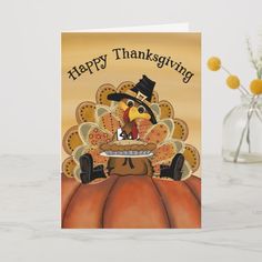 a happy thanksgiving card with a turkey holding a platter of pies on it