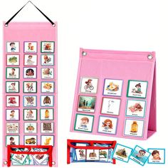 a pink bulletin board with pictures on it