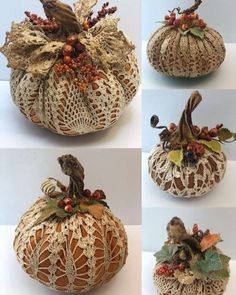 four different pictures of decorative pumpkins with crochet designs on them and leaves