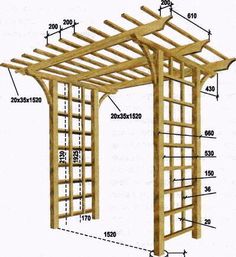 an image of a wooden pergolan with measurements for the top and bottom sections