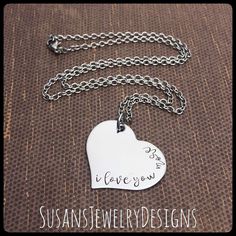 I love you more necklace, sentiment jewelry, heart, valentines day, gift for her, i love you, i love you most, ily jewelry, girlfriend, wife Hand Stamped Heart-shaped Stainless Steel Jewelry, Hand Stamped Stainless Steel Heart Jewelry, Mushroom Jewelry, Heart Valentines, Jewelry Heart, Cursive Font, Letter Ring, Hand Stamped Jewelry, Initial Jewelry